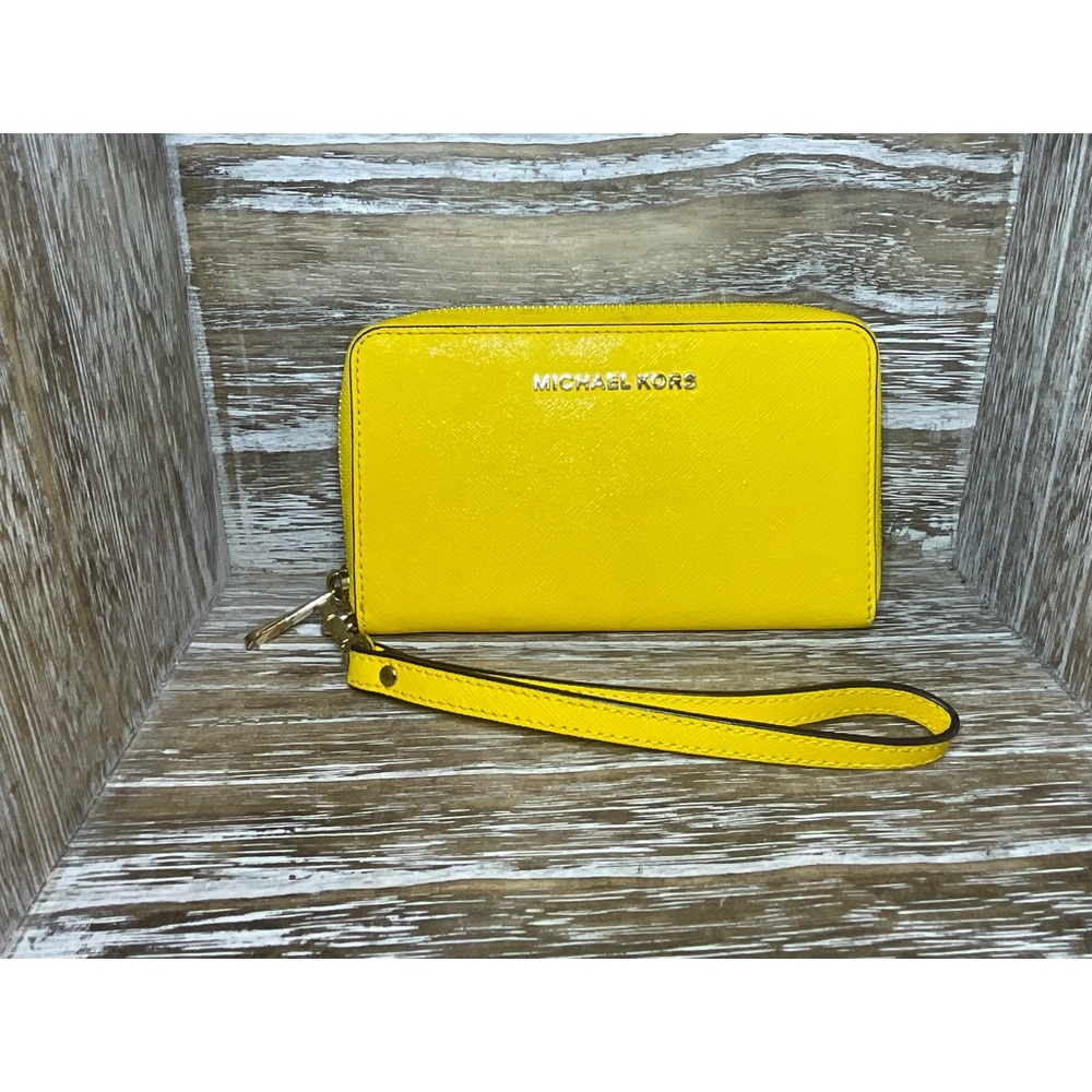 Michael Kors Jet Set Large Double Zip Wristlet Marigold Yellow Leather